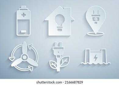 Set Electric saving plug in leaf, Wind turbine, Hydroelectric dam, Smart house and light bulb and Battery icon. Vector