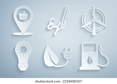 Set Electric saving plug in leaf, Rotating wind turbine, Solar energy panel, Bio fuel with fueling nozzle, Signature and Location shopping basket icon. Vector