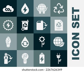 Set Electric saving plug in leaf, Earth globe and, Paper with recycle, Hands holding, Recycle bin, Solar energy panel, CO2 emissions cloud and Eco fuel canister icon. Vector