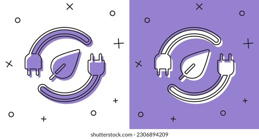 Set Electric saving plug in leaf icon isolated on white and purple background. Save energy electricity. Environmental protection. Bio energy.  Vector