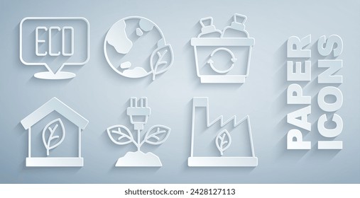 Set Electric saving plug in leaf, Recycle bin, Eco friendly house, Plant recycling garbage, Earth globe and and Leaf symbol icon. Vector