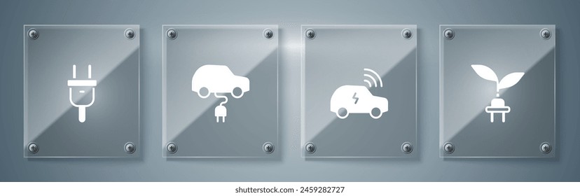 Set Electric saving plug in leaf, Smart car system,  and . Square glass panels. Vector