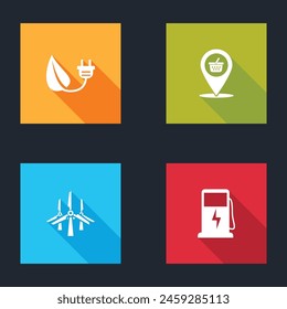 Set Electric saving plug in leaf, Location shopping basket, Wind turbines and car charging station icon. Vector