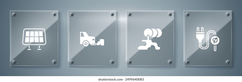 Set Electric saving plug in leaf, Barrel oil leak, Car exhaust and Solar energy panel. Square glass panels. Vector