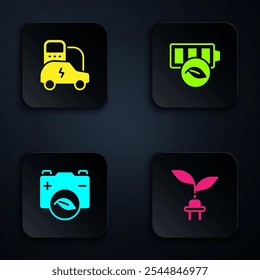 Set Electric saving plug in leaf, car, Eco nature battery and . Black square button. Vector