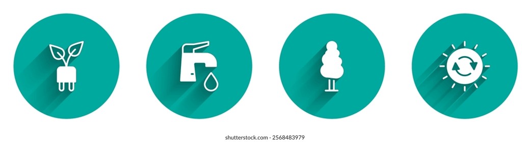 Set Electric saving plug in leaf, Water tap, Tree and Solar energy panel icon with long shadow. Vector