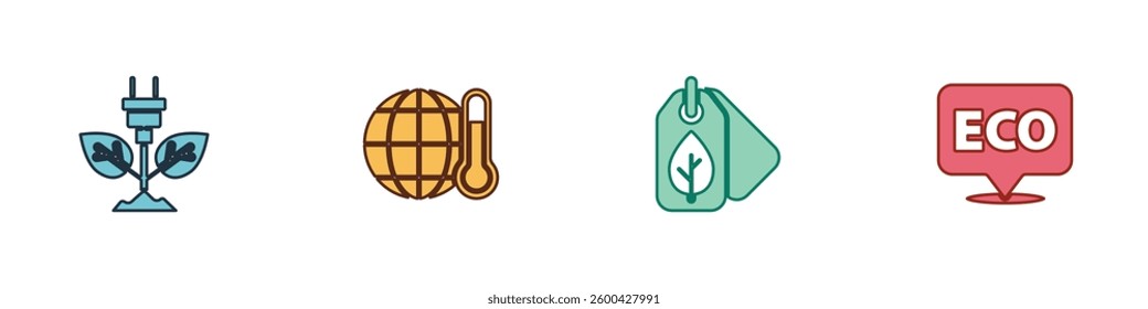 Set Electric saving plug in leaf, Global warming, Tag with and Label for eco healthy food icon. Vector