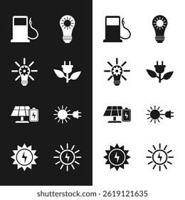 Set Electric saving plug in leaf, Light bulb with gear, Petrol or Gas station, Solar energy panel, and battery, Sun electric,  and  icon. Vector