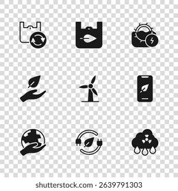 Set Electric saving plug in leaf, Mobile phone with, Acid rain radioactive cloud, Wind turbine, Water mill, Shopping bag recycle,  and Leaf hand icon. Vector