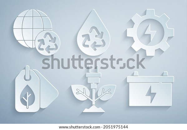 Set Electric saving plug in leaf, Gear and\
lightning, Tag with, Car battery, Recycle clean aqua and Planet\
earth recycling icon.\
Vector