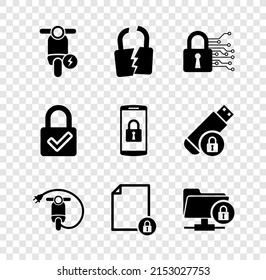 Set Electric Scooter, Broken Or Cracked Lock, Cyber Security, , Document And And FTP Folder Icon. Vector