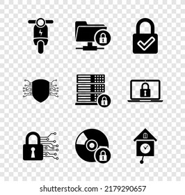 Ajuste la motocicleta eléctrica, la carpeta FTP y el bloqueo, la marca de verificación Bloquear, la seguridad cibernética, el disco de CD o DVD con y el icono Retro wall watch. Vector