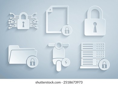 Definir scooter elétrico, Bloqueio, Pasta e bloqueio, Segurança do servidor com, Documento e ícone Cyber. Vetor