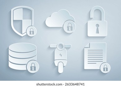 Set Electric scooter, Open padlock, Server security with, Document and, Cloud computing and Shield icon. Vector