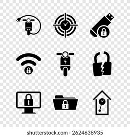 Set Electric scooter, Time Management, USB flash drive with lock, Lock on monitor, Folder and and Retro wall watch icon. Vector