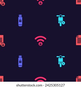 Set Electric scooter, USB flash drive with lock, Wifi locked and Document and on seamless pattern. Vector