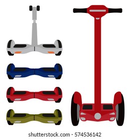 Set of electric scooters. Hoverboard or GyroScooter, Segway isolated on white vector illustration. 