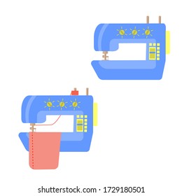 Ein Satz von elektrischen Nähmaschinen auf weißem Hintergrund isoliert. Moderne Cartoon Nähmaschine in blau und gelb mit Stoff und leer.  Geräte für das Zuhause. Vector Illustration in flachem Stil.