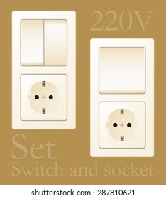 Set of electric sockets and light switches. Realistic vector beige sockets and light switches