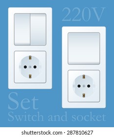 Set of electric sockets and light switches. Realistic vector white sockets and light switches