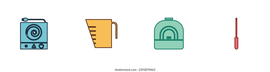 Set Elektrischer Ofen, Messbecher, Ofen und Messer Schärfer Symbol. Vektorgrafik