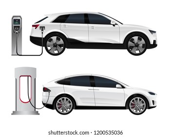 Elektrisches SUV-Set mit Ladestationen. Vektorgrafik EPS 10