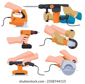 A set of electric tools in the hands of working masters. Tools for repair and construction of premises and various objects. Vector illustration