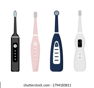 Set of electric toothbrush icons isolated on white background. Element for cleaning teeth. Dentistry equipment illustration. Vector tooth care tool in flat style.