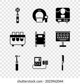 Ajuste cepillo de dientes eléctrico, Tomografía, máquina de rayos X, taladro dental, presión sanguínea, sierra médica, tubo de ensayo y matraz e icono Stretcher. Vector