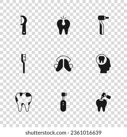 Set Electric toothbrush, Toothache, with caries and drill, Dental plate, floss, Broken and Toothbrush icon. Vector