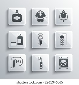 Set Electric toothbrush, Washer, Shower, Towel on hanger, Bottle of shampoo, Perfume and Toilet urinal or pissoir icon. Vector
