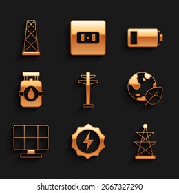 Set Electric tower, Lightning bolt, Earth globe and leaf, Solar energy panel, Propane gas tank, Battery and Antenna icon. Vector