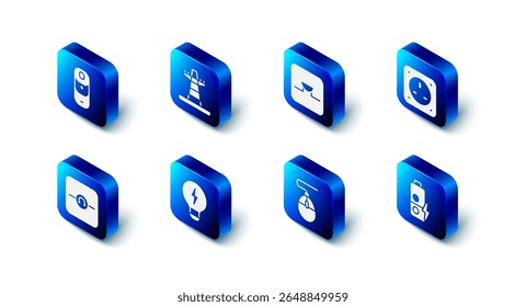 Set Electric tower line, Buzzer electronic circuit, Electrical outlet, Battery charge, Computer mouse, Creative lamp light idea, Ohmmeter and  icon. Vector