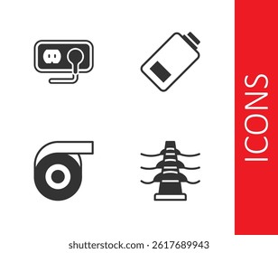 Set Electric tower line, Electrical outlet, Roll adhesive tape and Battery charge icon. Vector