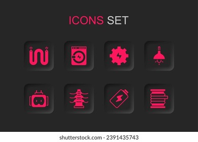 Set Electric tower line, Washer, cable, Battery charge, Lamp hanging, Wire electric on reel, Gear and lightning and Tee plug icon. Vector