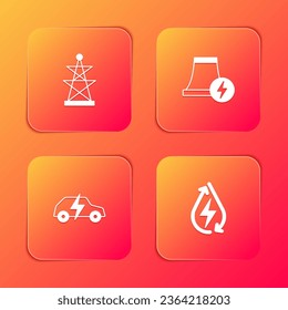 Set Electric tower, Nuclear power plant, car and Water energy icon. Vector