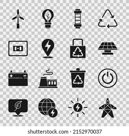 Set Electric tower, Power button, Solar energy panel, Battery, Lightning bolt, Electrical outlet, Wind turbine and Paper bag with recycle icon. Vector