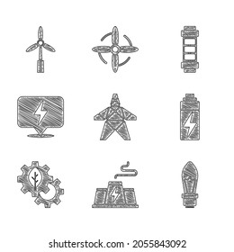 Set Electric tower, Power station plant factory, Light bulb, Battery, Leaf in gear machine, Lightning bolt,  and Wind turbine icon. Vector