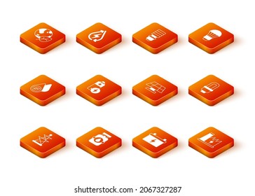 Set Electric tower, Propane gas tank, Water energy, Battery, Car battery, Solar panel, Nuclear power plant and LED light bulb icon. Vector