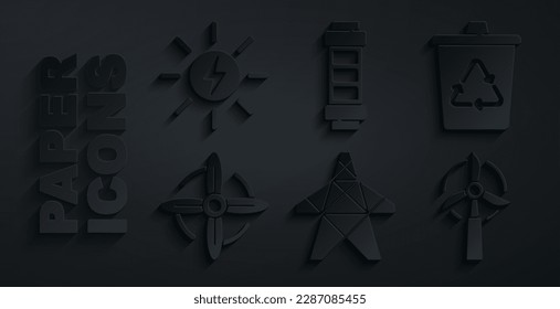 Ajuste torre eléctrica, papelera de reciclaje con un icono de reciclador, turbina eólica, batería y panel de energía solar. Vector