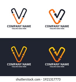 Legen Sie eine Vorlage für das Logo des Anfangsbuchstaben Electric V fest. Vektorgrafik von Illustrationen. Design-Konzept Elektrischer Stecker Mit Buchstabensymbol. Perfekt für Corporate- und Technologiemarkenidentität