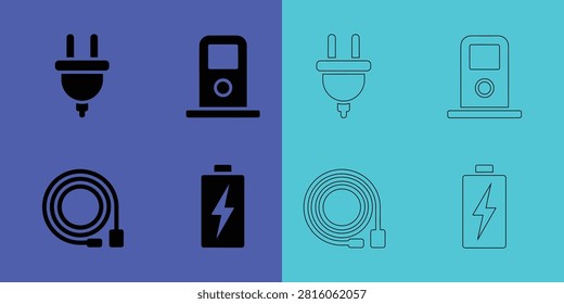 Set of electric vehicle charging featuring plugs, charging stations, coiled cables, and battery symbols