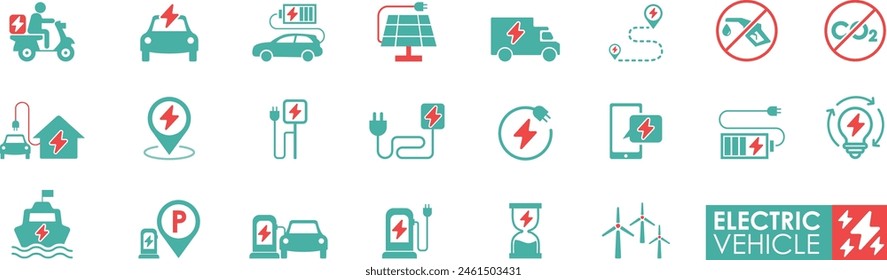 Set of Electric vehicle icons. Solid icon collection. Containing an electric car, battery, EV charging, charging station, Motobike, hybrid, e-car, and power. 