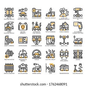 Set of electric vehicle thin line and pixel perfect icons for any web and app project. 