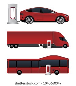 Set Of Electric Vehicles. Bus, Truck And Car Are Charging From Charging Stations. Vector Illustration EPS 10