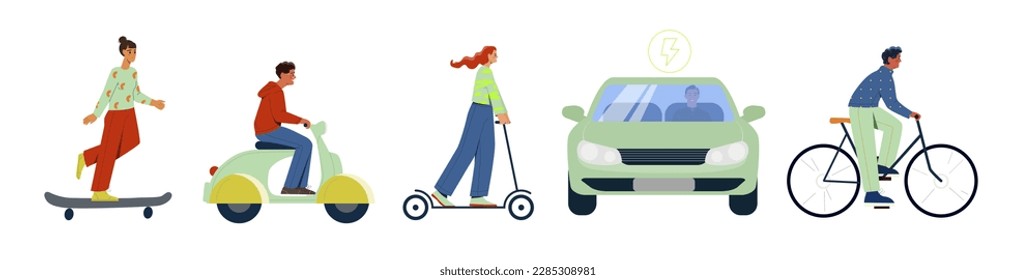 Set of electric vehicles. Men and women drive electric car, bike, bicycle, scooter and skateboard. Character move on eco friendly transport. Cartoon flat vector collection isolated on white background