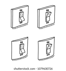 Set of electric wall switch in ON and OFF mode. Hand drawn sketch, isolated on white. Vector