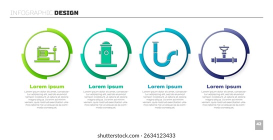 Set Bomba de agua eléctrica, boca de incendios, tubería metálica de la industria y tubería y válvula de la industria. Plantilla de infografía de negocios. Vector