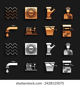 Set Electric water pump, Plumber, Well, Bucket, Water tap, Industry metallic pipe, Wave and Manhole sewer cover icon. Vector