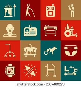 Set Electric wheelchair, Adult diaper, Press the SOS button, Identification badge, Head of deaf, Elevator for disabled and Stretcher icon. Vector